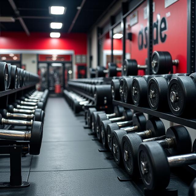 Professional strength training area with free weights